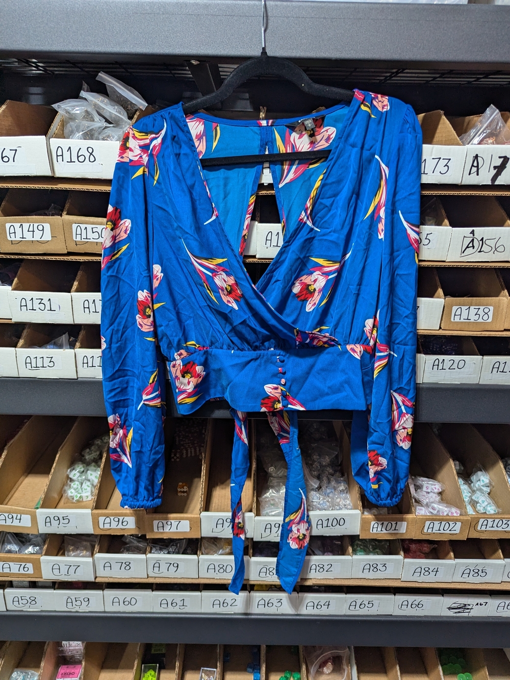 Express Royal Blue Floral Wrap Crop Top with Pink & Yellow Accents SP